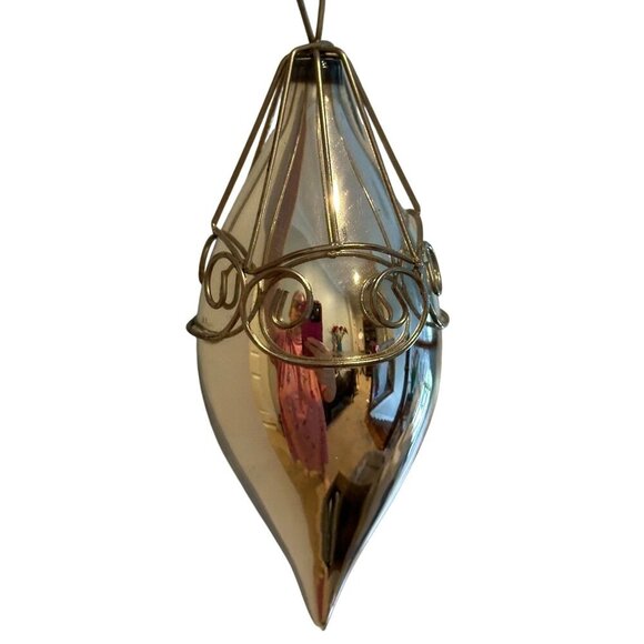 Vintage Silver Blown Glass Teardrop Christmas Ornament Wire Cage Mercury Finish - Picture 4 of 16